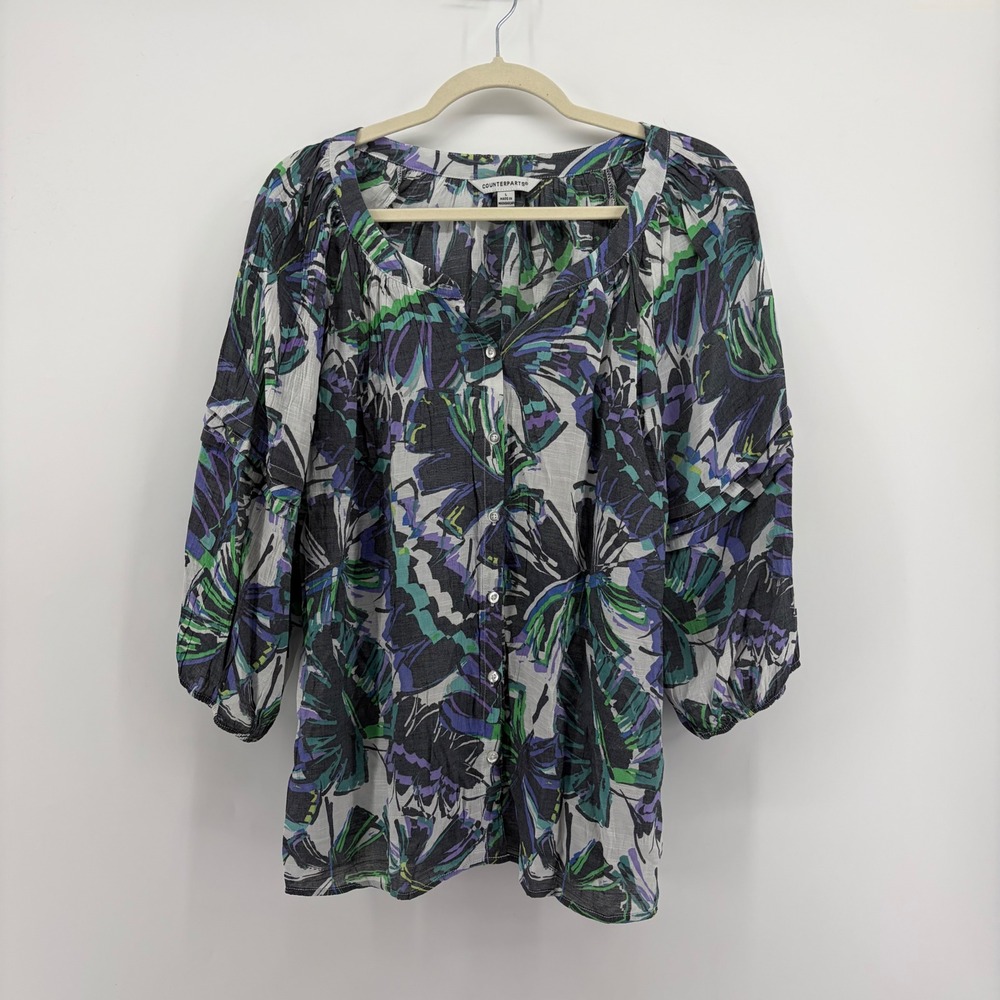 Counterparts Womens Large Multicolor Blouse Abstract 3/4 Sleeve Button Front